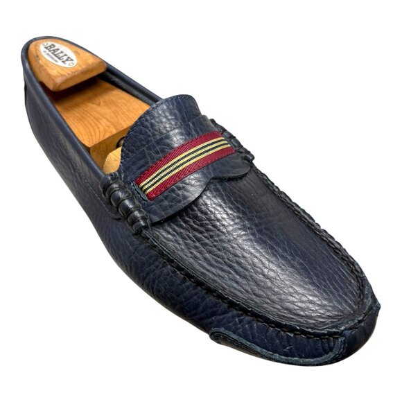 Brooks Brothers Handsewn Navy Leather Striped Strap Driving Loafers - Picture 4 of 10